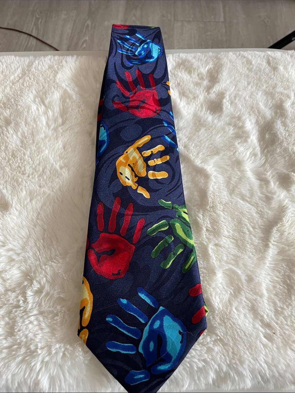 Autism awareness Men's Navy Tie with Multicolor Handprint Pattern